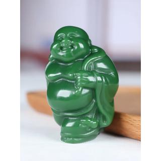 和田玉弥勒佛手把件精雕新疆碧玉佛公挂件菠菜绿玉佛笑